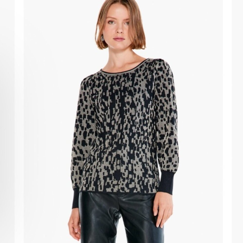 NIC+ZOE‎ Geometric Abstract Metallic Shimmer Sweater Size M Mob Wife Black NEW